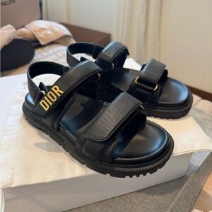 Authentic Dior Black Sandals Lambskin Dioract 10mm Sandals 36.5